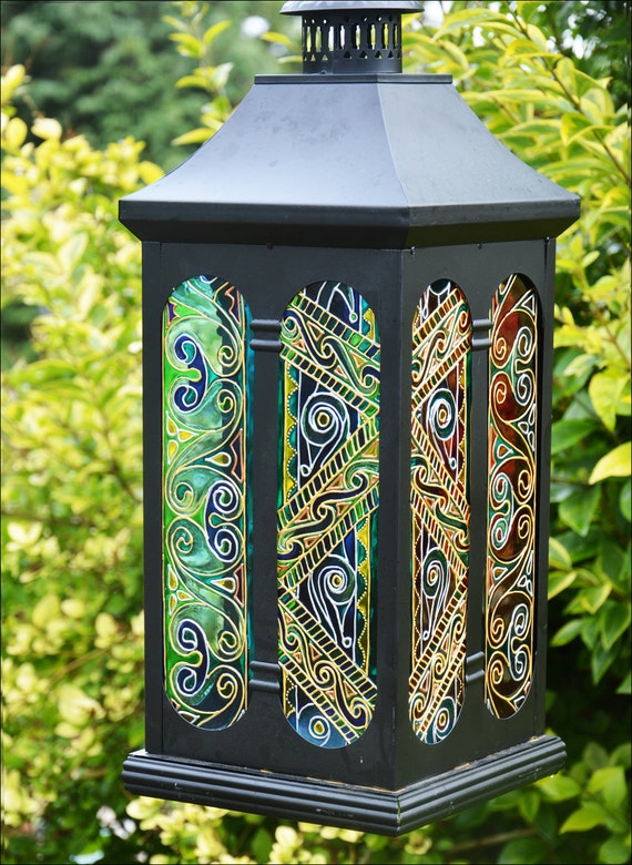 Hanging Candle Lantern / HAND PAINTED GLASS by OrnatelyLanterns