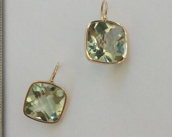 14k solid yellow gold and green amethyst earrings, prasiolite , cushion earrings , checkerboard cut