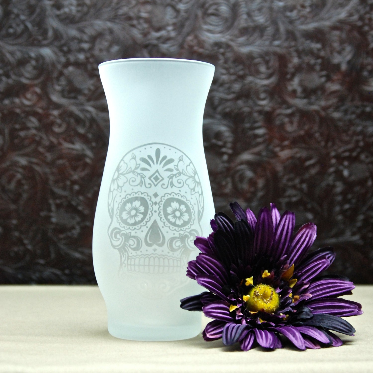 Sugar Skull Vase Glass Etched Vase Hurricane Vase Day of