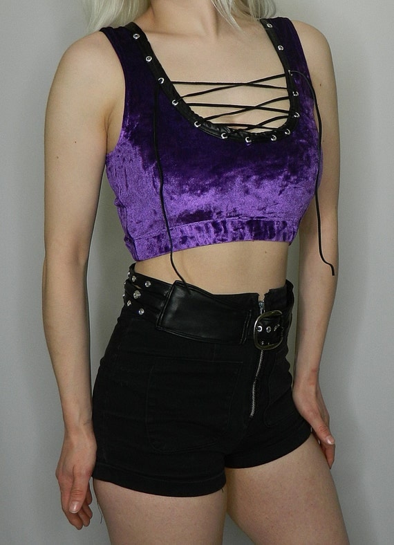 Purple Velvet And Leather Lace Up Crop Top 9330