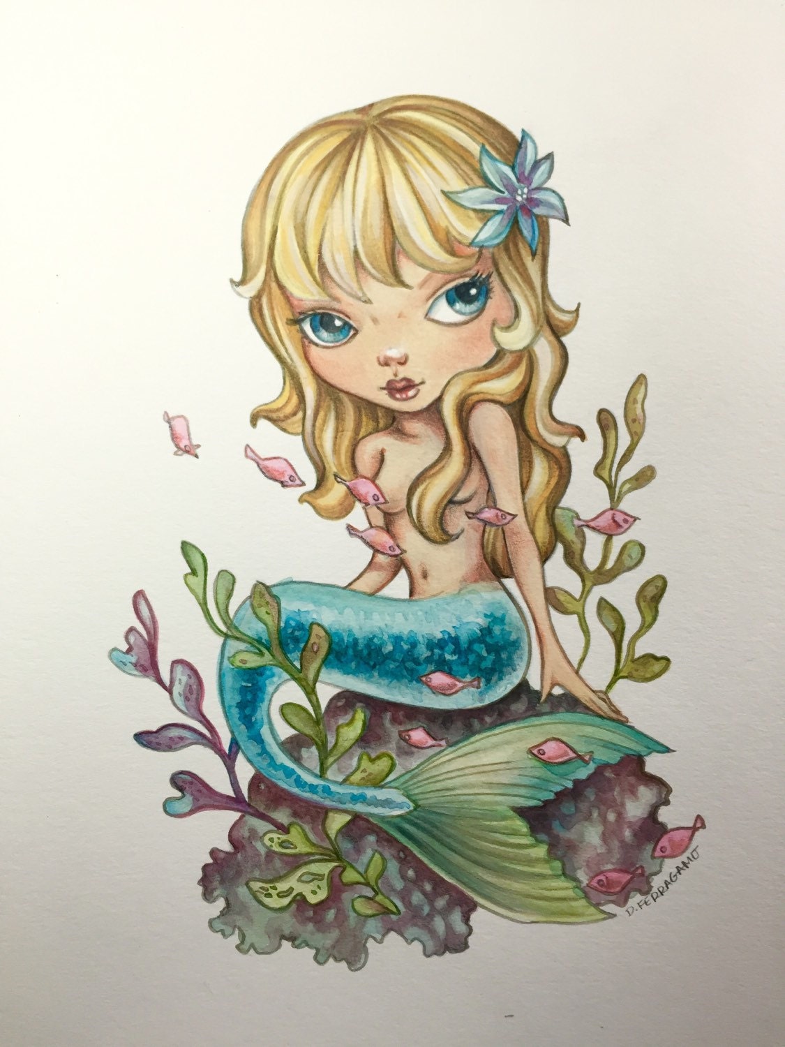 Cute Mermaid Watercolor Art Print LowBrow by ArtsyDeniseToo