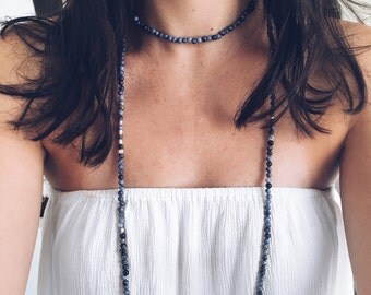 Blue Double Wrap Necklace with Fresh Water Pearls