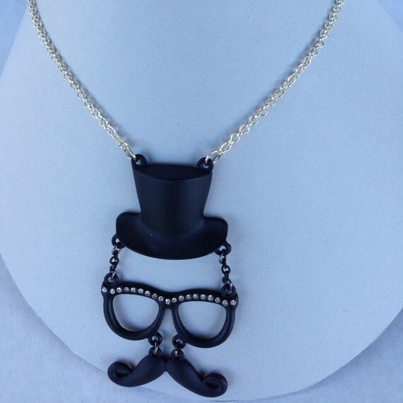 Mustache necklace black top hat mustache by LinkysCraftyCreation