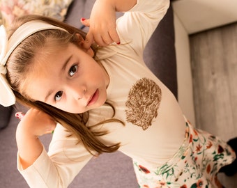 Organic baby bodysuit, organic onsie, hand printed hedgehog, hipster baby clothes