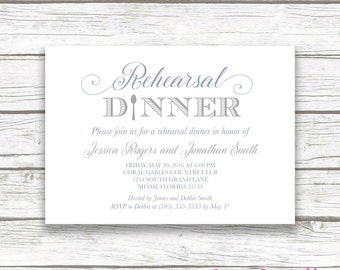 Elegant Rehearsal Dinner Invitation, Gray and Slate Blue Wedding Rehearsal Dinner Invite, Utensil Spoon Invite, Printable Invitation