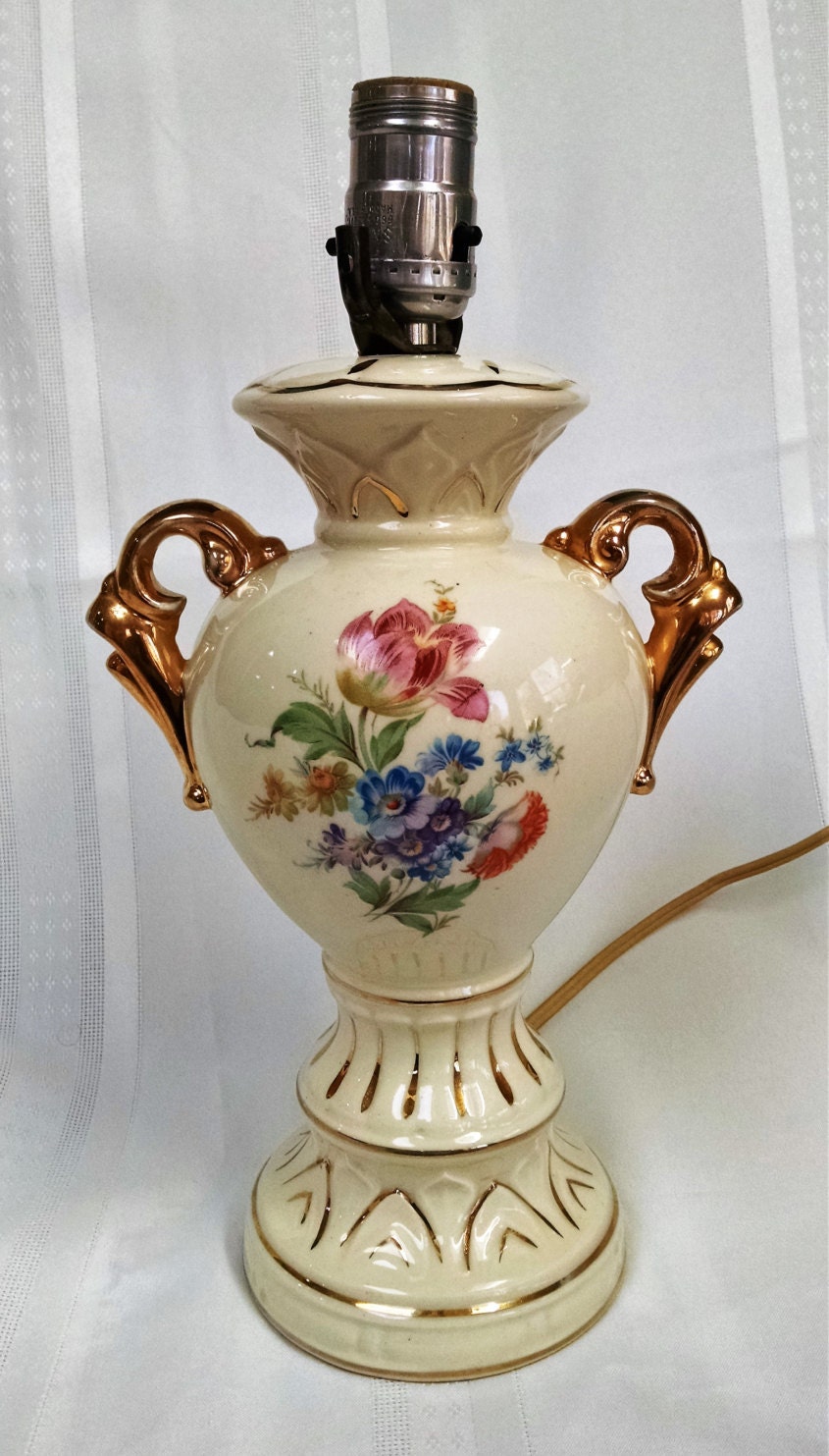 Vintage Ceramic/China Lamp with Floral Design and Ornate Gold