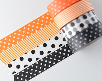 Halloween Washi Tape Set - 4 Rolls of Orange Stripe - Orange Polka Dot - Black Tiny Dot - White and Black Large Polka Dot - Washi Tape Set
