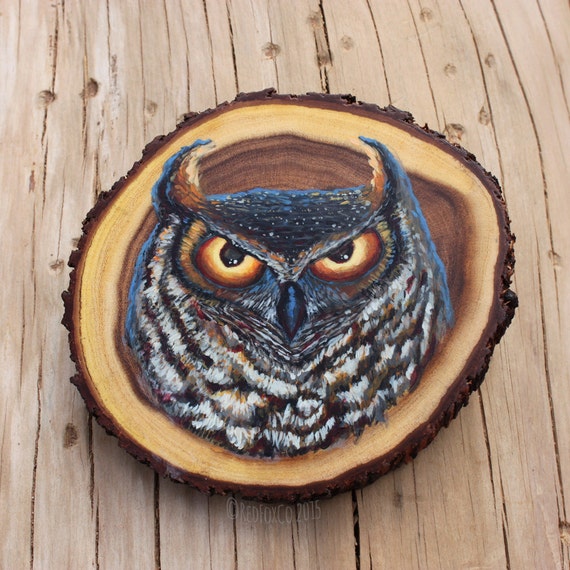 Hand Painted Wood Slice Owl Painting Wall Art Rustic