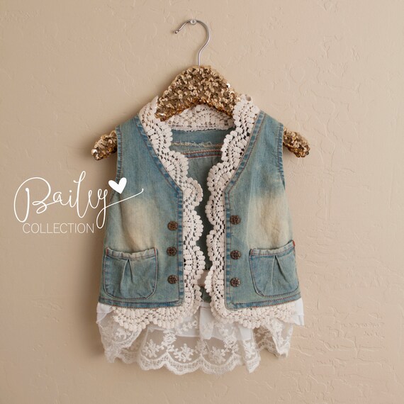 Lace accent Jean Denim Vest for Girls Trendy and Chic Country Rustic Shabby Chic Boutique