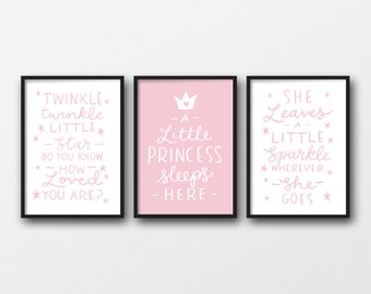Girls Room Wall Art Set Of 3 Nursery Prints Pink Baby Girl Wall Art Nursery Decor Gift For Little Girl Typographic Wall Art Sparkle Quote