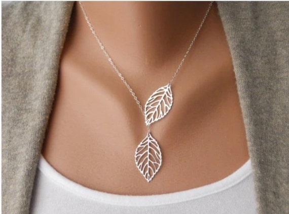 Most Popular Best Selling Necklaces- Leaf Lariat in Silver and Gold - Most Popular Lariat Necklace - Silver Jewelry - Silver Leaves Neckl