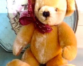 Gold teddy bear, Merrythought bear, childsafe bear, 1980s teddy bear, English teddy bear, Mohair teddy bear, Gift for girl, Gift for boy