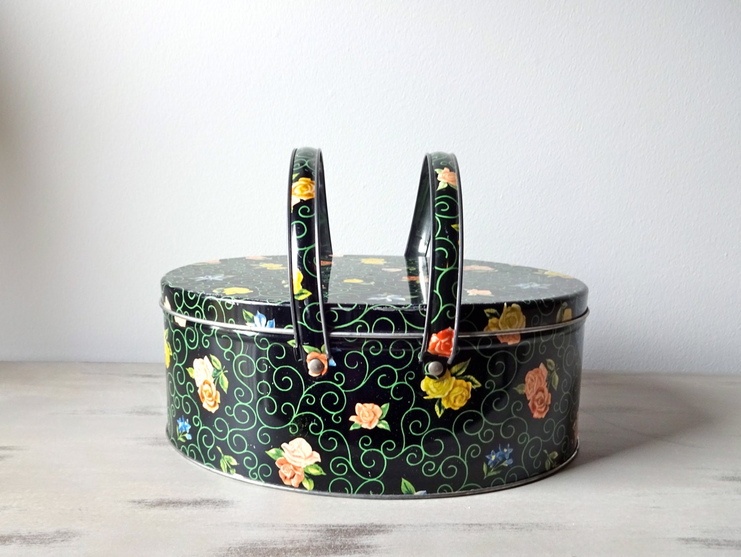Vintage Floral Tin Sewing Box.