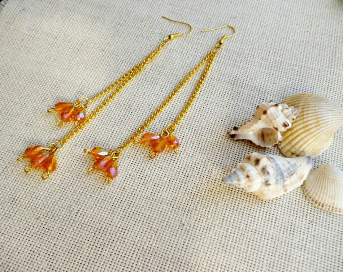 Dangle earrings Trending jewelry Extra long earring Chain Golden crystal halo Gift for girl minimal earrings gold ear thread bohemian