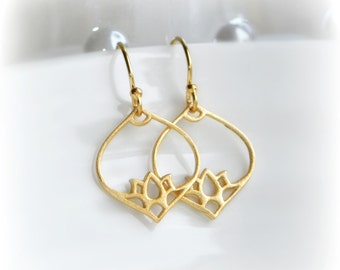 Gold Dangle Earrings, Art Deco Earrings, Gift for Her, Gold Lotus Earrings, Small Dangle Earrings in Gold, Gold Lotus Earrings, Blissaria