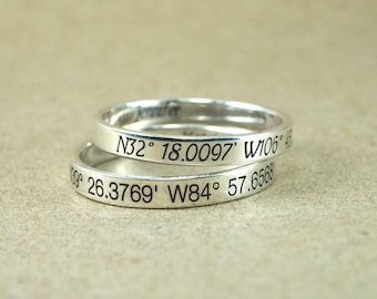 Coordinates Ring, Latitude Longitude Ring, Location Ring, Personalized Latitude Longitude Jewelry, latitude Ring, 3 mm. 925 Sterling Silver
