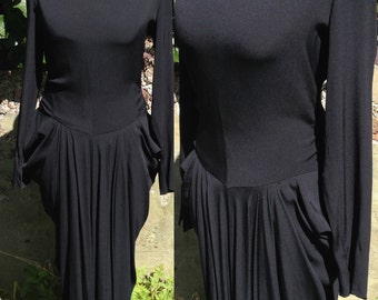 Vintage 1940s dress in black silk crepe with dramatic sculpted side pleats Hollywood glamour Size XSmall Small