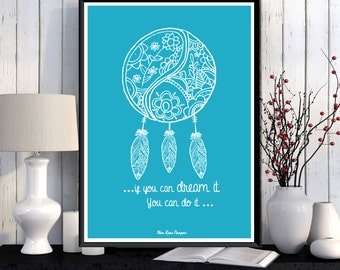 Dreamcatcher poster, Illustration print, Inspirational quote, Motivational print, Wall art decor, Typography printable, Poster quote, Gift