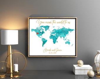 Blue wedding guestbook World map guest book Map wedding guest book Wedding map Wedding map guest book Custom wedding map Wedding keepsake