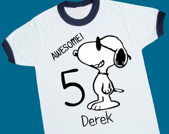 Joe Cool Snoopy Birthday Ringer Tee. Personalized Birthday Shirt with Name and Age. 1st 2nd 3rd 4th 5th 6th 7th 8th Birthday T Shirt (25069)
