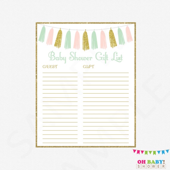 Gift List Pink Mint Gold Baby Shower Printable Gift List