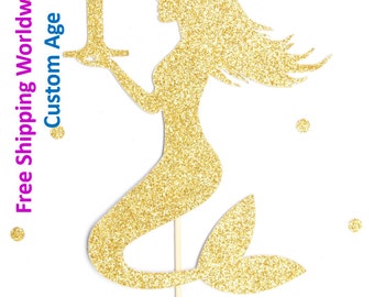 Gold Glitter Mermaid Cake Topper personalised with age - birthday, cake smash, photo prop