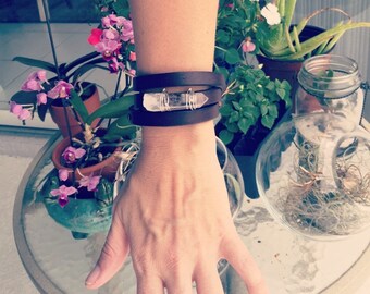 Leather & Quartz Point Wrap Bracelet