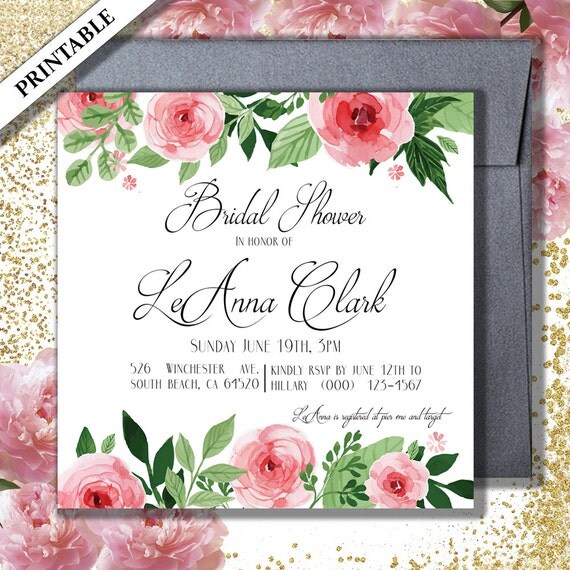 Floral Bridal Shower Invitation Printable Square by ABridalStory