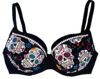 Sexy Women's Sugar Skull Bra, Flower Skulls Bra, Aztecs Skulls Print with Rhinestone Bra 32A-46DDD (001)