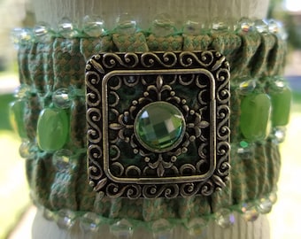Bracelet - Upcycled Silk Necktie - Beaded Cuff Bracelet-English Smocking