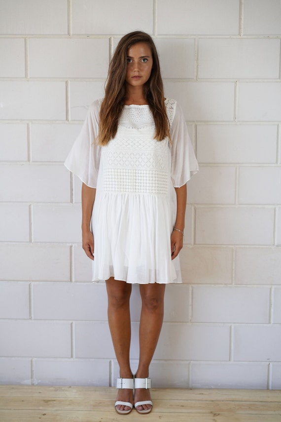 Crochet Lace White Sexy Dress Slash Neck Off Shoulder See Through Flared Long Sleeve Party Night 