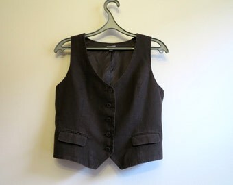 Items similar to Vest with stitched detail brown linen cropped on Etsy
