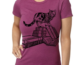 Women's Cat Shirt Screen Printed Ladies Cats Clothing Kitten Shirts Puss and Books Gifts for Book lovers gifts under 20 Feline tops