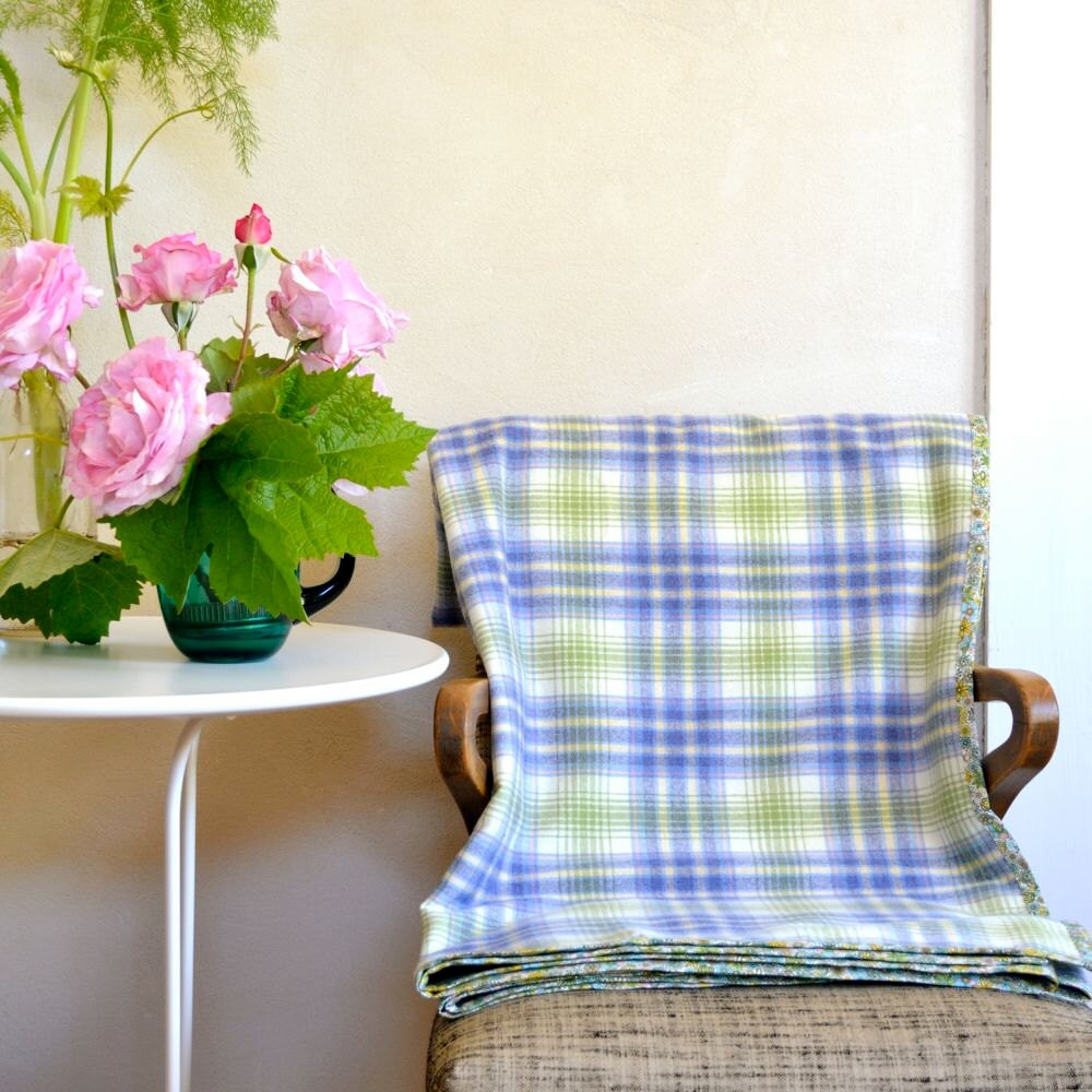 Merino Wool Blanket Throw Washable Wool in Blue & Green Plaid