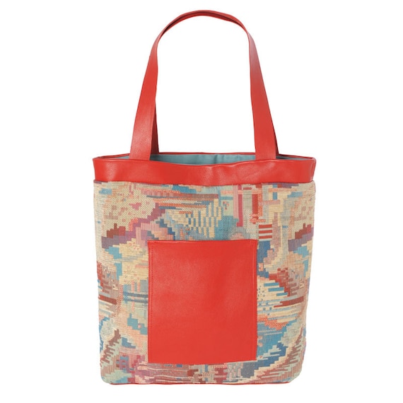 Red blue tote bag with leather details Geometric patterned
