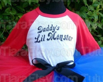 SALE Harley Quinn Suicide Squad Unisex Daddy's Lil Monster Red Sleeve Top Sizes 6 months - XL 14/16 Youth and xs - xxl Adult - Shirt Only