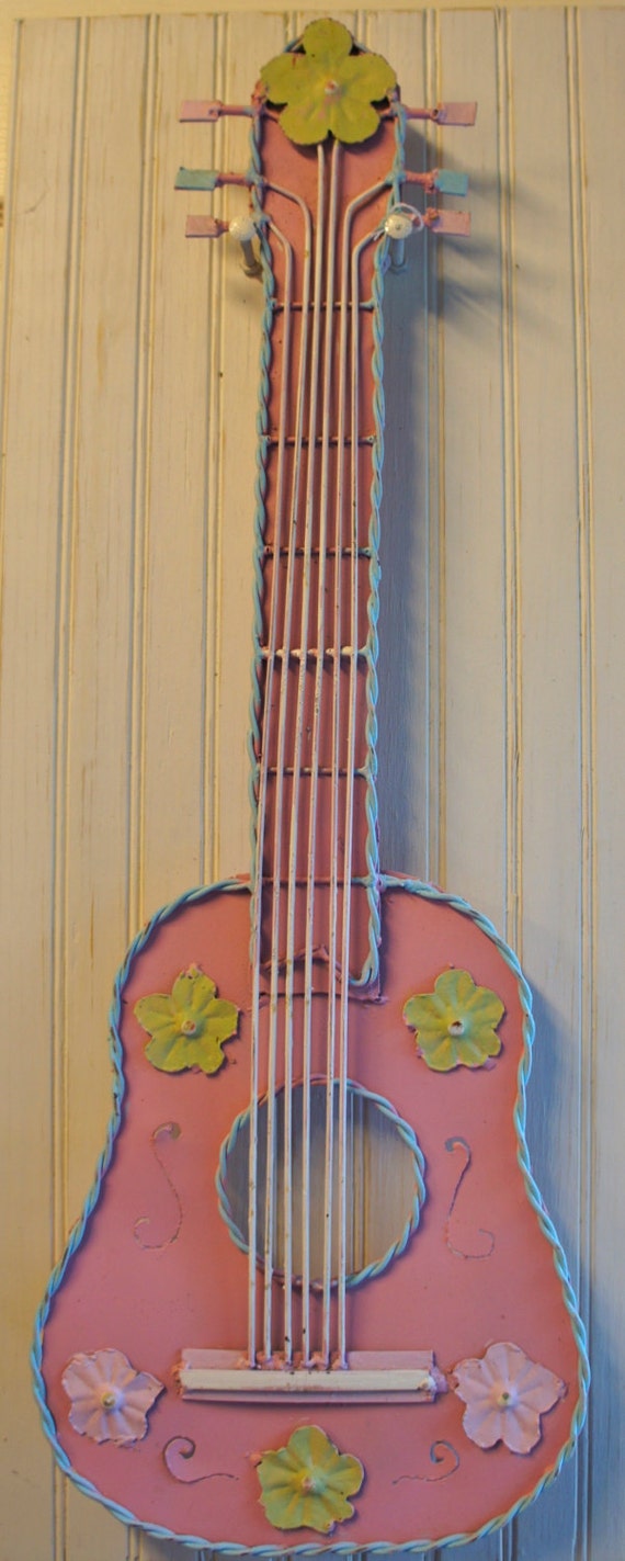 Items similar to Whimsical Hand Painted Metal Guitar with Flowers- Wall ...