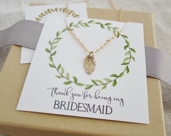 Gold leaf bridesmaid necklace, Thank you for being my Bridesmaid card, gold necklace, spring wedding jewelry bridesmaid jewelry message card