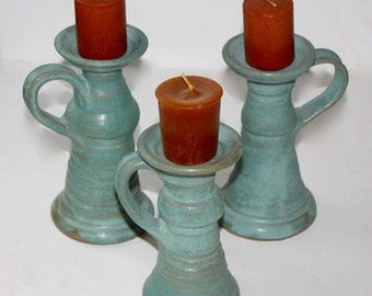 Aqua Candlestick Trio in Stoneware Holiday Decor One of A Kind