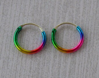Small 10mm Rainbow Sterling Silver Hoop Earring, Nose Ring, Cartilage Earring, Titanium Color, Green, Yellow, Pink, Blue, Metal Hoop
