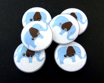 6 Elephant Buttons. Blue Elephant with Brown Ears. Sewing Buttons. 3/4" or 20 mm. Novelty Buttons Handmade By Me. Washer and dryer Safe.