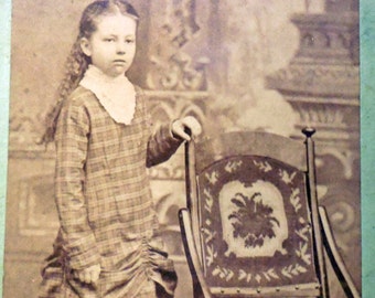 CDV - Carte de Visite - Girl in Tartan Dress w/ Embroidered Chair - Mt. Vernon, Ohio - A. B. Elliott - Beautiful Dress