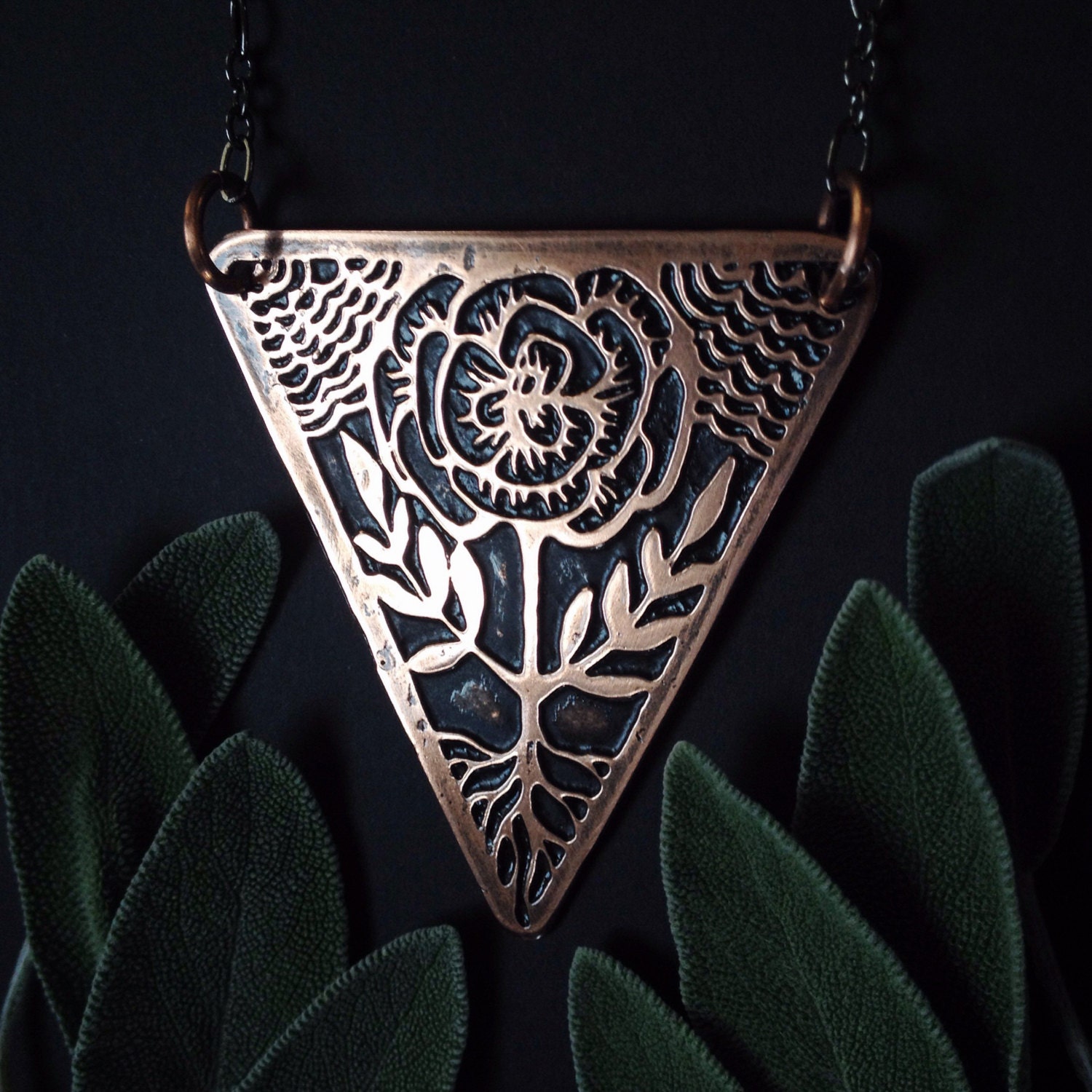 Etched Copper Jewelry Rose with roots Inspired by Medieval