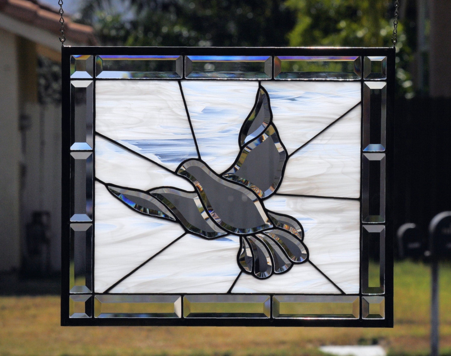 PEACE Large Stained Glass Window Panel Clear Beveled Dove