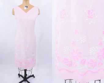 1960s shift dress | 60s pink embroidered hearts dress | vintage linen shift dress | M