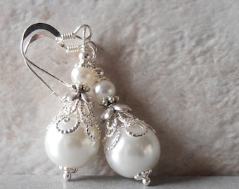 White Pearl Earrings Pearl Bridal Earrings Beaded Wedding Jewelry Dangle Earrings Brides Jewelry White Wedding Faux Pearl Jewelry Handmade