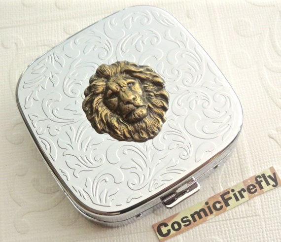 Leo Lion Pill Case Steampunk Pill Case Mirror Case Silver Pill Case Gothic Victorian Steampunk Accessories Antiqued Brass Lion Leo Gifts by CosmicFirefly steampunk buy now online