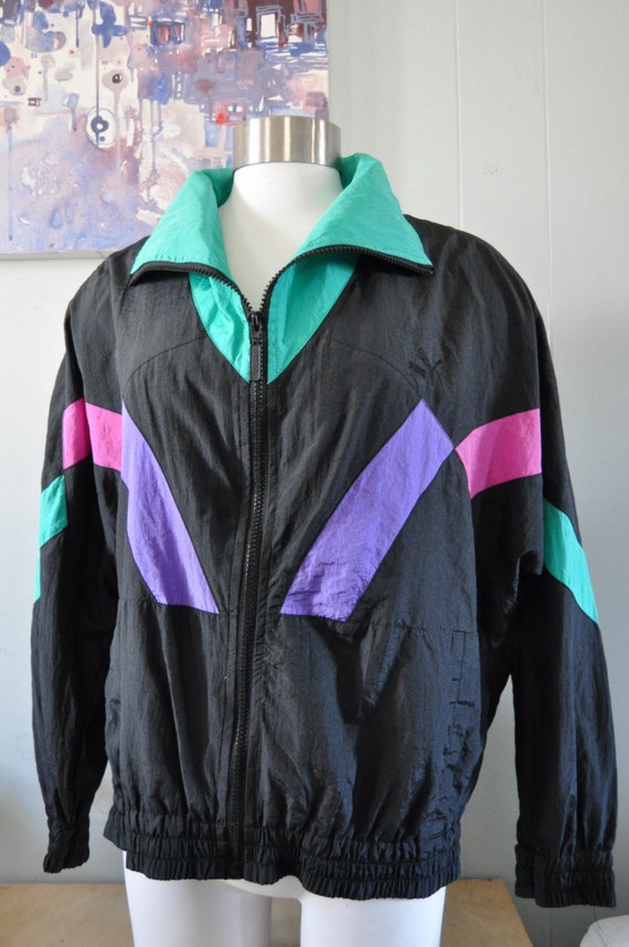 Vintage Puma Windbreaker Jacket Teal Magenta Black Purple Geometric 90s Running Ladies MEDIUM Large