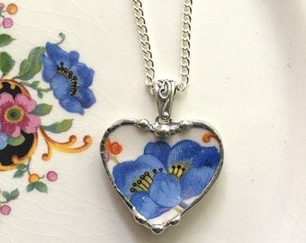 Broken china jewelry heart pendant necklace antique blue poppy poppies made from recycled china
