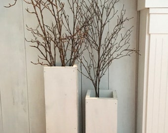 white wooden vases, reclaimed wood, distressed wood, floor vases, set of two, farmhouse decor, large floor vase, rustic decor, porch decor